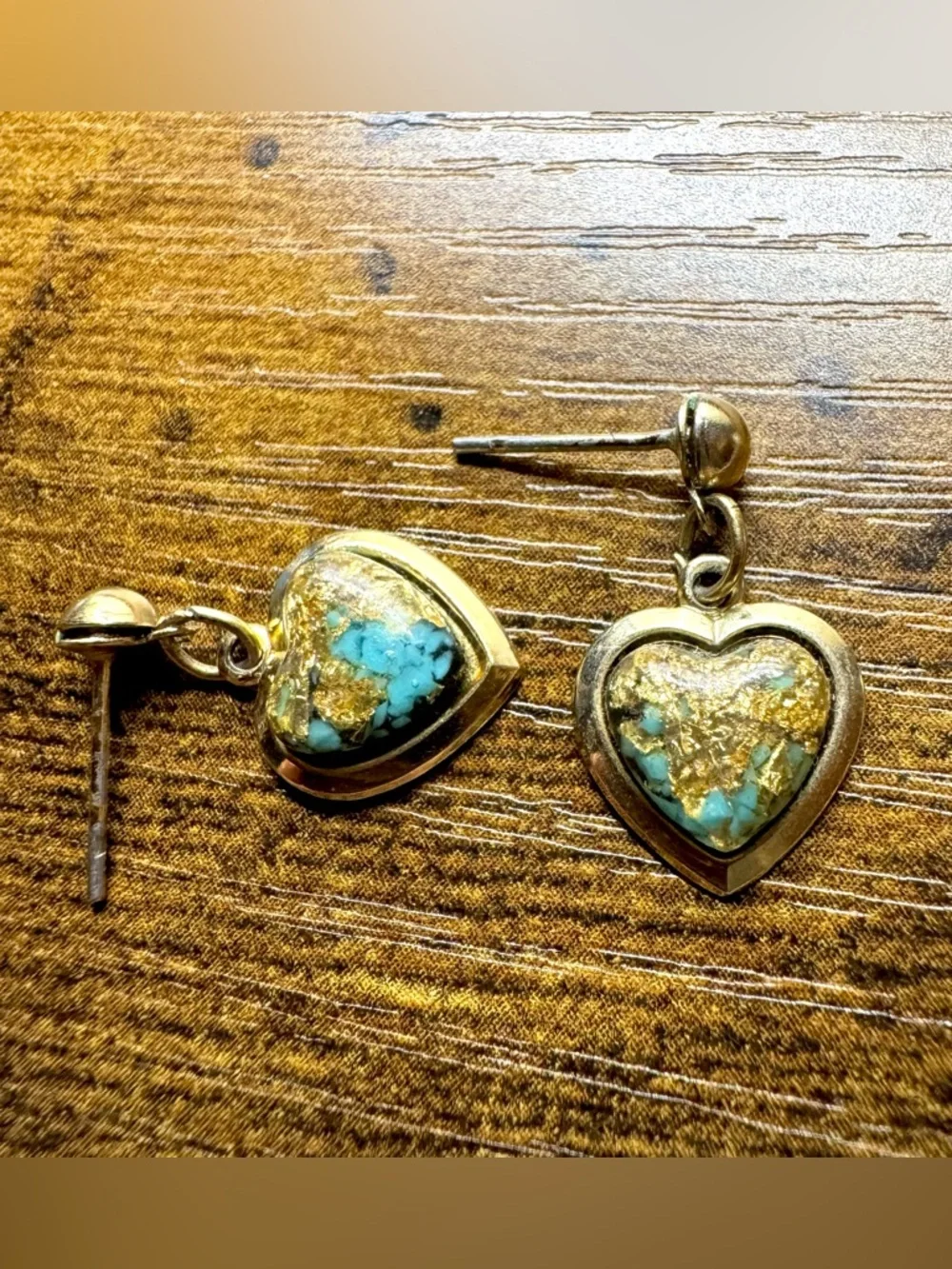 Gold Heart Drop Earrings with Turquoise Inlay